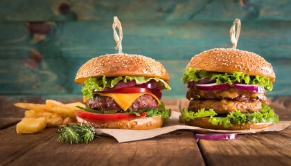 tasty burgers on wooden table