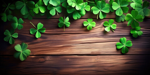 Green clover leaf isolated on wooden background. with leaved shamrocks. St. Patrick's day holiday symbol. Lucky green clover and nature background	
