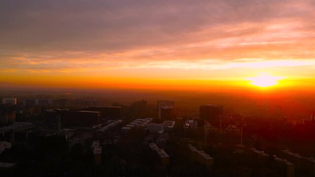 Beautiful cityscape at sunset view from a drone.