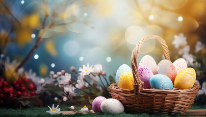 Fototapeta na wymiar Painted eggs in a wicker basket on a background of flowers, easter concept