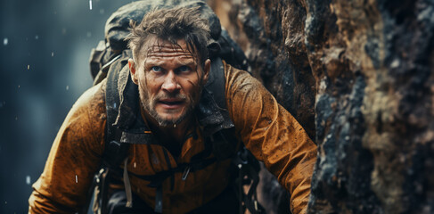 Male Rock Climber Conquering a Challenging Route. Banner with space for text