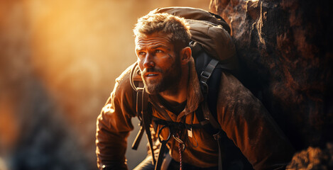 Obraz premium Male Rock Climber Conquering a Challenging Route. Banner with space for text