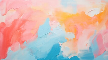 an abstract painting with orange, blue and pink paint