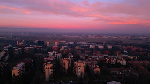 Beautiful cityscape at sunset view from a drone.