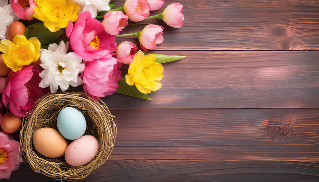 Eggs in a basket with flowers on a wooden table, easter concept