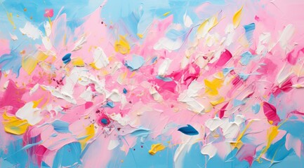 an abstract painting with orange, blue and pink paint