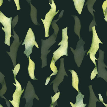 Watercolor seamless pattern of colorful laminaria illustration isolated on dark. Kelp, seaweeds hand drawn. Painted algae. Design for background, textile, packaging, wrapping, marine collection