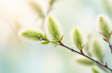 Delicate willow branch with fluffy buds against a soft light background. Pussy willow