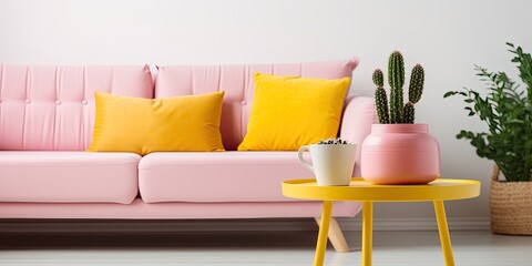 Pink potted cactus and kettle on white table in cozy living room with yellow sofa cushions and wooden stool.