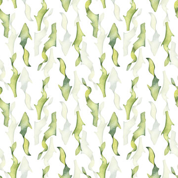 Watercolor seamless pattern of colorful laminaria illustration isolated on white. Kelp, seaweeds hand drawn. Painted algae. Design for background, textile, packaging, wrapping, marine collection