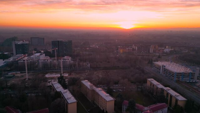 Beautiful cityscape at sunset view from a drone.