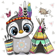 Cartoon tribal Penguin with feathers and wigwam