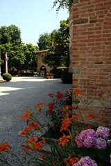 Italy, Emilia, Piacenza: Foreshortening of Medieval Village of Grazzano Visconti.