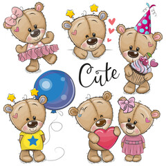 Set of Cute Cartoon Teddy Bears