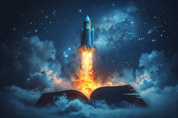 Obraz premium Launching into the Future A Rocket Blasts Off from a Book Generative AI