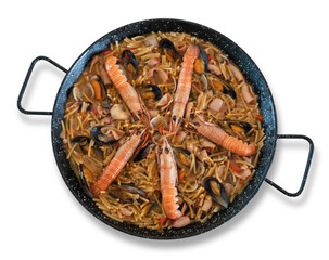 Seafood fideuá isolated white or transparent background