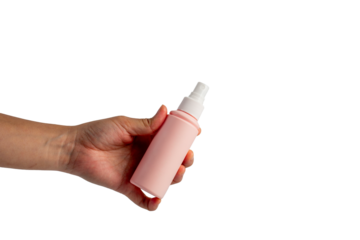 Cosmetic pink bottle. Womens cosmetic accessory and hand for makeup on transparent background.