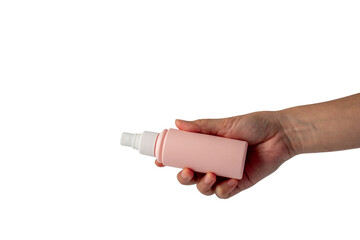Cosmetic pink bottle. Womens cosmetic accessory and hand for makeup on transparent background.