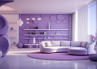 Modern living room purple.High-tech ambiance of a living room.