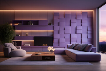 Modern living room purple.High-tech ambiance of a living room.
