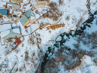 Beautiful view in Mestai, a rural village in northern Georgia. In the winter covered with snow.