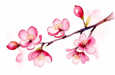 Watercolor spring cherry blossom cherry branch, card on white background