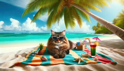 A tabby cat relaxes on a tropical beach, lying on a towel under a palm tree, with sunglasses on and a clear turquoise sea in the background - obrazy, fototapety, plakaty
