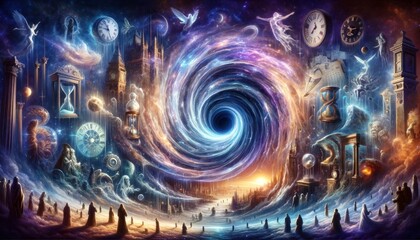 A surreal time vortex, swirling at the center and drawing in people and events from different eras.