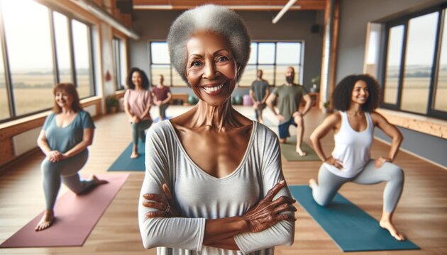 A confident elderly African-American woman with a radiant smile, practicing yoga in a studio alongside her friends