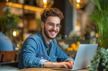 Cheerful Young Software Developer Working on Laptop in Cozy Cafe