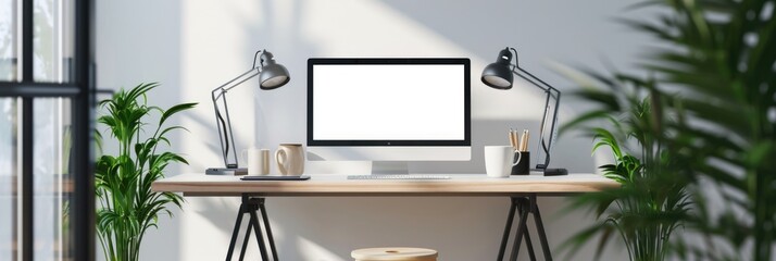 Modern Workspace Scene with Computer, Lamp, and Coffee Cup in Bright Home Office Interior