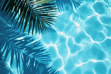 Fototapeta na wymiar Tropical Poolside Paradise: Sunlit Leaf Shadow on Turquoise Water Surface