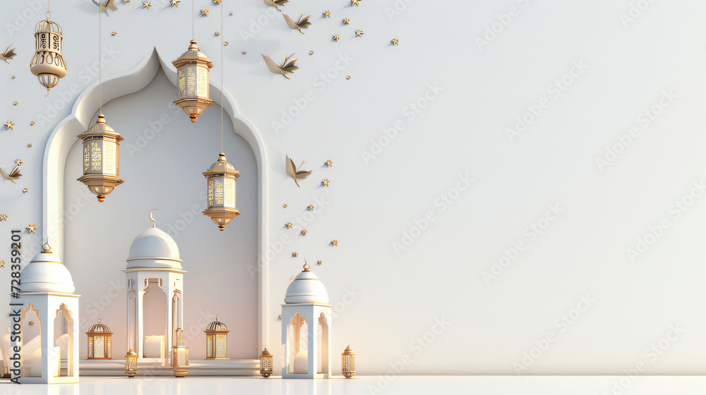 Fototapete elegant ramadan kareem lantern with white background text copy space. generative ai