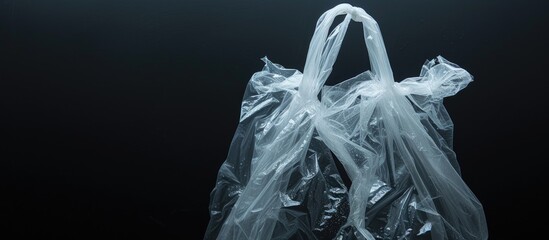 White bag on black background containing non-biodegradable plastic waste, including many used empty PET bottles, causes environmental harm and ocean pollution.
