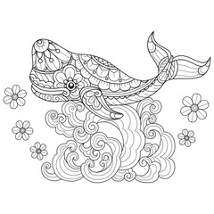 Whale and flower wave hand drawn for adult coloring book
