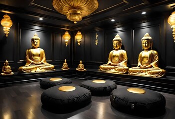 A modern black and gold meditation room with black floor cushions and golden Buddha statues. The UHD camera captures the serene and peaceful space.