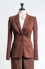 Brown female formal suit made up of jacket and trousers on a mannequin on white background.