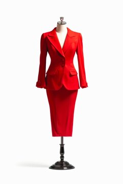 Red female suit made up of jacket and skirt on a mannequin on white background.