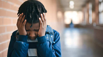 Fototapeta premium African American teenage boy suffering from headache, covering his face with his hands, standing alone in a bright school corridor. Migraine in children