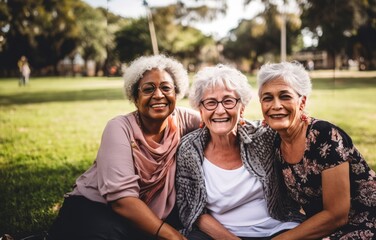 In this heartwarming photograph, a group of elderly individuals revels in the serenity of nature, enjoying leisurely moments in the outdoors, embracing the camaraderie and contentment that retirement - obrazy, fototapety, plakaty
