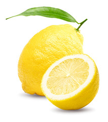 single lemon with green leaves isolated on white background. clipping path