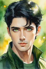 Illustration of a man with black hair and green-gold eyes, watercolor art styles, bokeh, natural lighting