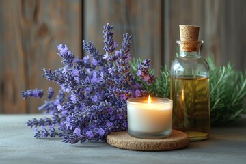 Obraz na płótnie Canvas Purple Flowers and Lavender Oil A Perfect Blend for a Relaxing Evening Generative AI