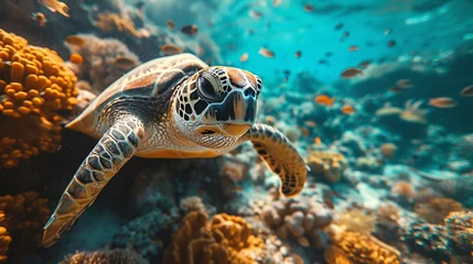 Poster green turtle swimming in the sea, green sea turtle swimming, green sea turtle © Waris