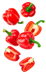 flying red sweet bell pepper with cut slices isolated on white background. clipping path