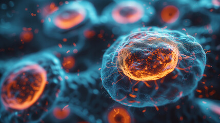 Digital illustration of human cells with detailed nuclei and connecting cytoplasm, representing microscopic biomedical research.