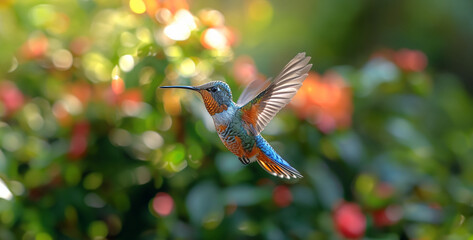 Fototapeta premium butterfly on a flower, hummingbird on flower, a realistic image of a hummingbird in mid-flight, captured with precision to highlight the vibrant colors of its feathers and the rapid movement of its