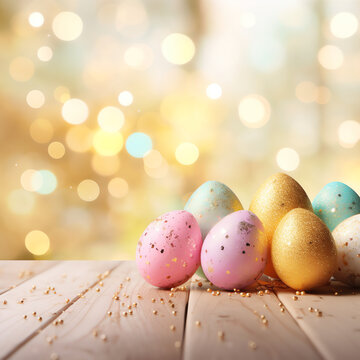 Vibrant Easter eggs on wooden table with bokeh background. Festive, colorful, and perfect for holiday concepts.