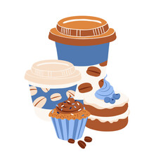 Takeaway Coffee Cup with cupcake and blueberry pie, Blue beige palette