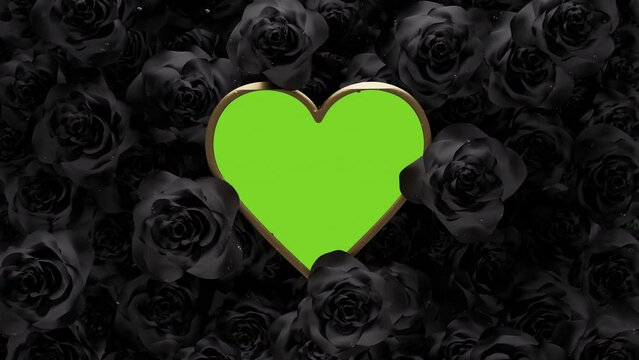 Golden heart frame with green screen covered by rotating black roses